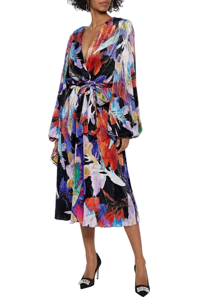 Shop Rebecca Vallance Belladonna Wrap-effect Metallic Printed Plissé-jersey Midi Dress In Multicolor