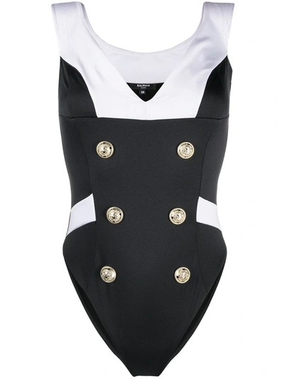 Shop Balmain Double-buttoned Sailor Swimsuit In Black