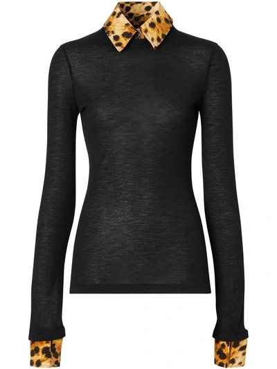 BURBERRY LEOPARD-PRINT TRIM CASHMERE TOP 