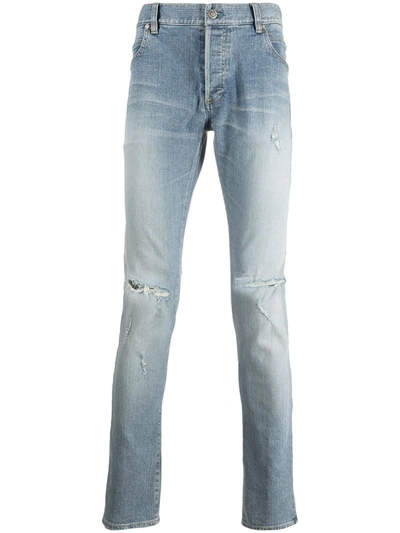 Shop Balmain Embroidered Logo Slim-fit Jeans In Blue