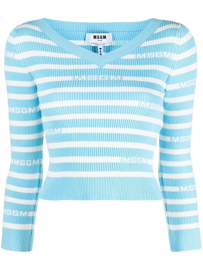 Shop Msgm Striped Logo Intarsia Knit Jumper In Blue