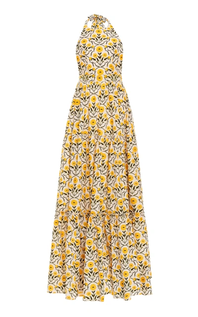 Shop Agua By Agua Bendita Women's Naranja Floral Cotton Poplin Maxi Halter Dress In Yellow
