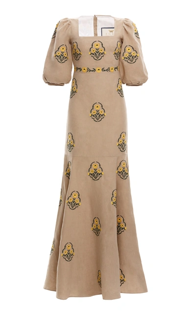 Shop Agua By Agua Bendita Women's Clavel Embroidered Linen Maxi Dress In Yellow