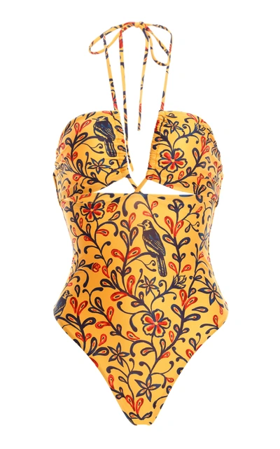 Shop Agua By Agua Bendita Mora Cutout Printed One-piece Swimsuit In Yellow