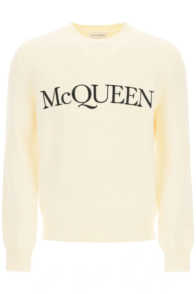 Shop Alexander Mcqueen Cotton Sweater With Logo Embroidery In Avorio E Nero