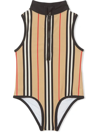 Shop Burberry Beige Icon Stripe Zip-front Swimsuit In Check