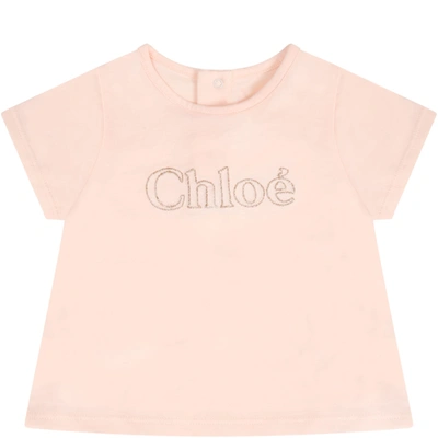 Shop Chloé Pink T-shirt For Babygirl With Logo