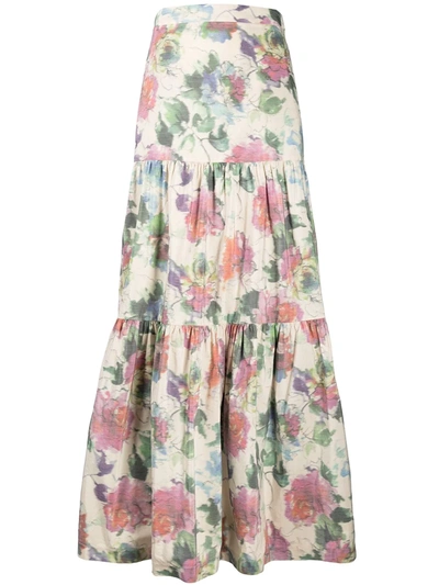 Shop Pinko Floral-print Tiered Maxi Skirt In Neutrals