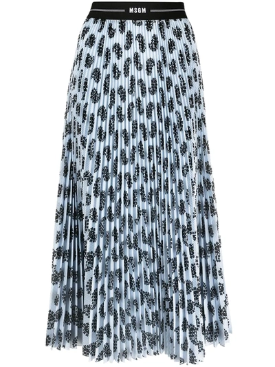 Shop Msgm Pleated Graphic-print Midi Skirt In Blue