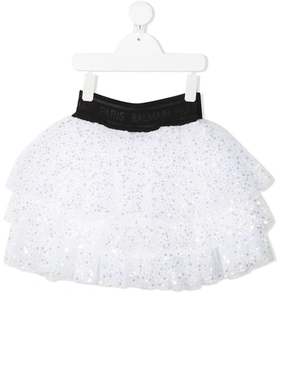 Balmain Kid White And Black Flounced Skirt With Sequins In White