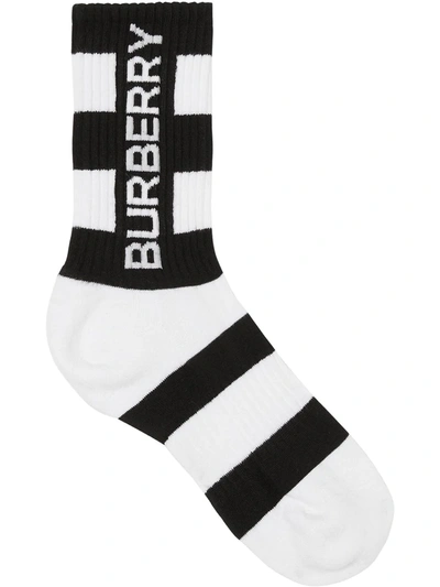 Shop Burberry Striped Rib-knit Logo Socks In White