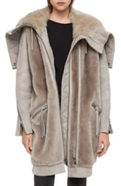 Shop Allsaints State Lux Suede Parka With Genuine Shearling Trim In Grey/natural