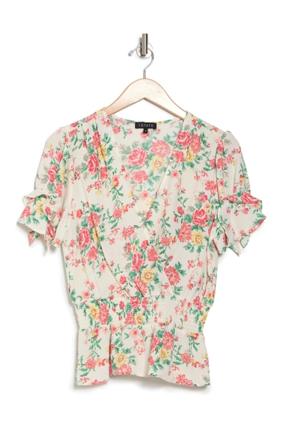 Shop 1.state Floral Surplice Ruffle Sleeve Smocked Top In S.ecru Mul
