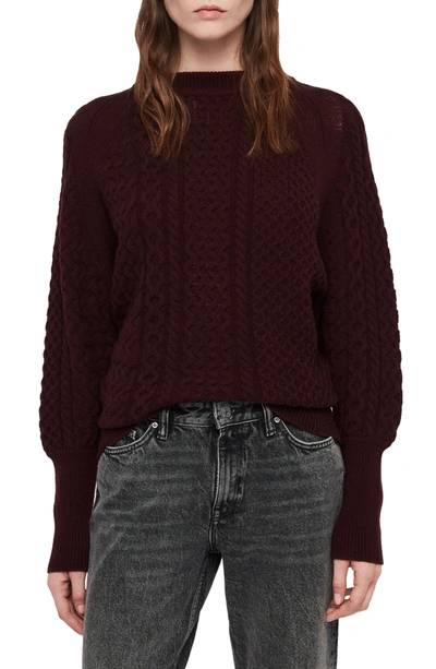 Shop Allsaints Dilone Cable Knit Wool Blend Sweater In Burgundy Red