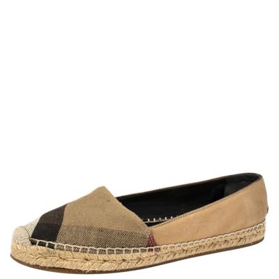 Pre-owned Burberry Gold/brown Check Canvas And Leather Espadrilles Flats Size 37 In Multicolor