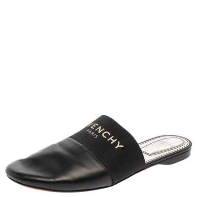 Pre-owned Givenchy Black Leather And Elastic Logo Flat Mules Size 37
