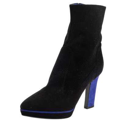 Pre-owned Sergio Rossi Black/blue Suede Zipped Ankle Boots Size 40.5