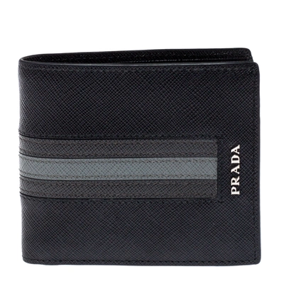 Pre-owned Prada Black/grey Saffiano Leather Stripe Bi-fold Wallet