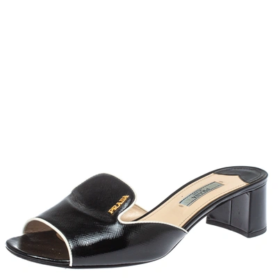 Pre-owned Prada Black Saffiano Patent Leather Slide Sandals Size 38
