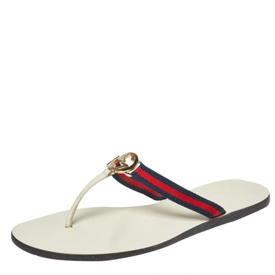 Pre-owned Gucci White Canvas Gg Web Thong Slide Sandals Size 38.5