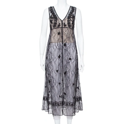 Pre-owned Alice And Olivia Black Embroidered Lace Sheer Ciel Long Vest Xs