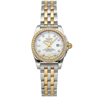 Pre-owned Breitling Mop Diamonds 18k Yellow Gold And Stainless Steel Galactic C7234853/a792 Women's Wristwatch 29 Mm In White