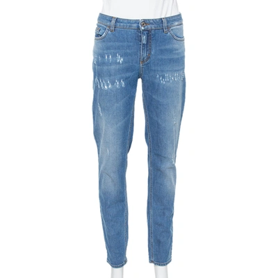 Pre-owned Dolce & Gabbana Blue Denim Faded Skinny Distressed Pretty Jeans L