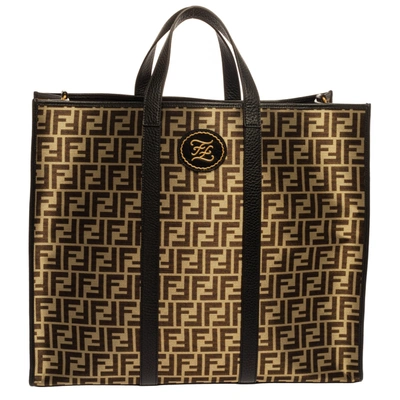 Pre-owned Fendi Black Zucca Jacquard Fabric And Leather Karligraphy Tote