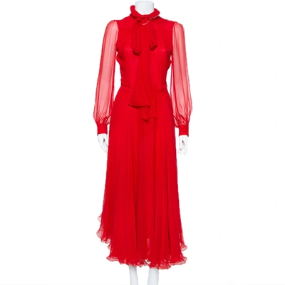 Pre-owned Gucci Red Silk Chiffon Collar Tie Belt Detail Flared Maxi Dress S