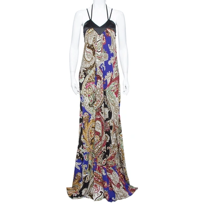 Pre-owned Just Cavalli Multicolor Abstract Printed Knit Halter Neck Flared Maxi Dress M