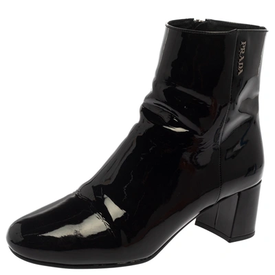 Pre-owned Prada Black Patent Leather Zip Detail Ankle Boots Size 38