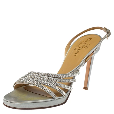 Pre-owned Valentino Garavani Light Grey Satin Crystal Embellished Slingback Sandals Size 39.5