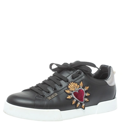 Pre-owned Dolce & Gabbana Dolce And Gabbana Black Leather Heart Low Top Sneakers Size 43.5