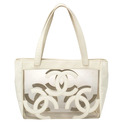 Pre-owned Chanel White Pvc And Patent Leather Medium Triple Cc Tote