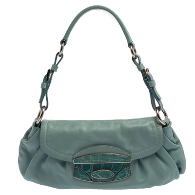 Pre-owned Prada Turquoise Leather And Crocodile Trim Pushlock Flap Baguette Bag In Blue