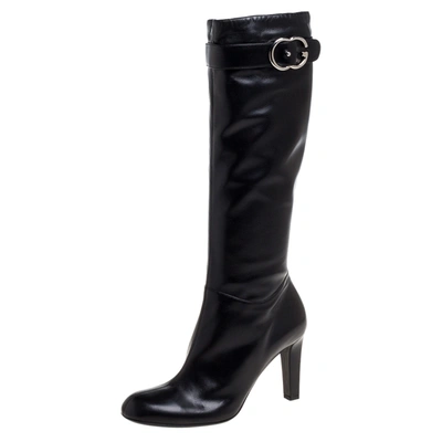 Pre-owned Gucci Black Leather Sachalin Double G Knee High Boots 40