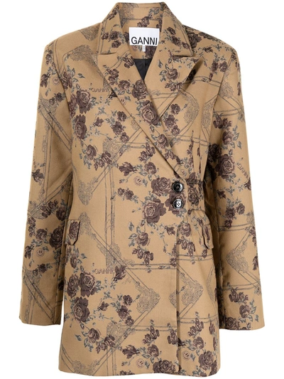 Shop Ganni Floral Asymmetric Jacket In Brown