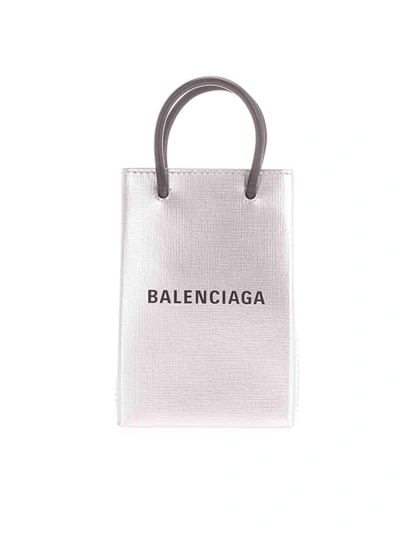 Shop Balenciaga Shopping Phone Holder In Silver Color
