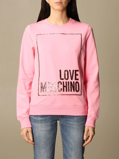 Shop Love Moschino Cotton Sweatshirt With Glitter Logo In Pink