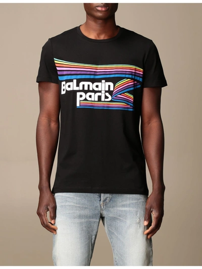 Shop Balmain Cotton T-shirt With Logo And Buttons In Black