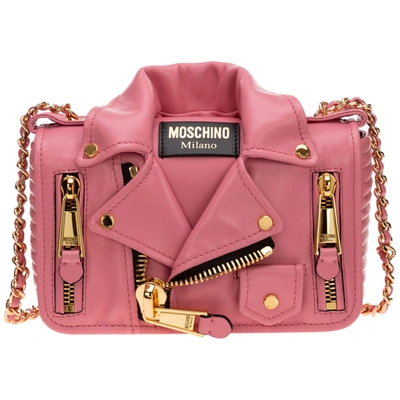 Shop Moschino Women's Leather Shoulder Bag Biker In Pink