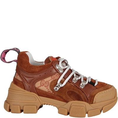 Shop Gucci Brown And Beige Girl Flashtrek Sneaker, In Cuir/cuir