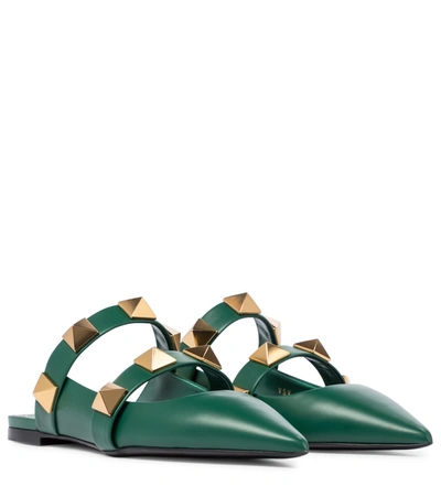 Shop Valentino Roman Stud Leather Slippers In Green