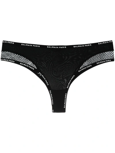Shop Balmain Mesh Logo-waistband Thong In Black