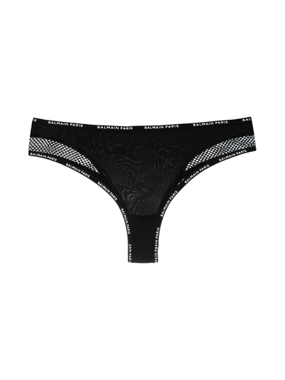 Shop Balmain Mesh Logo-waistband Thong In Black