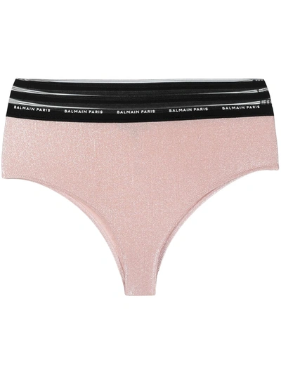 Shop Balmain Logo-waistband Glitter-effect Briefs In Pink
