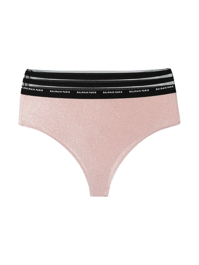 Shop Balmain Logo-waistband Glitter-effect Briefs In Pink