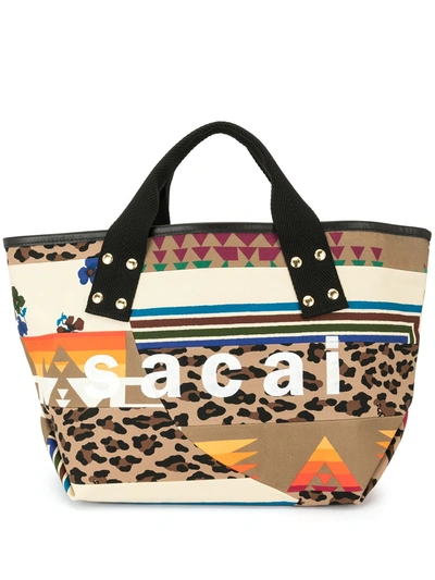 Shop Sacai Graphic-print Cotton Tote Bag In Multicolour