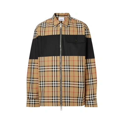 Shop Burberry Contrast Panel Check Cotton Shirt In Archive Beige Ip Chk