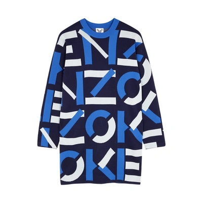Shop Kenzo Navy Logo-intarsia Knitted Jumper Dress In Blue